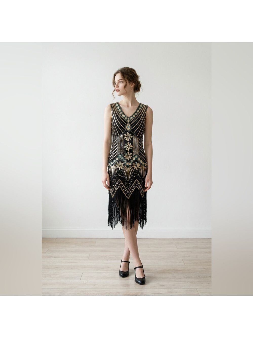 Black and Gold Beaded Fringe V-Neck Flapper Dress size M - Picture 2 of 12